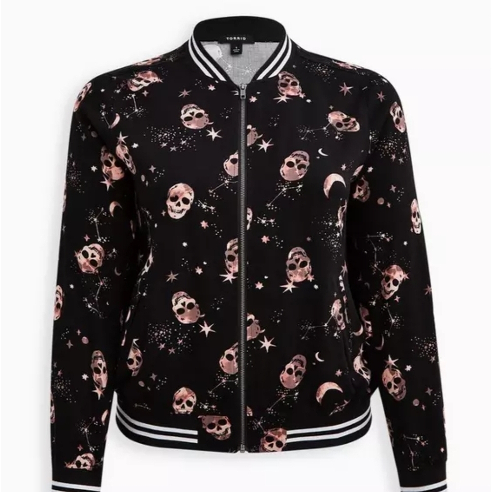 Torrid Black Bomber Jacket with Pink Skull Design